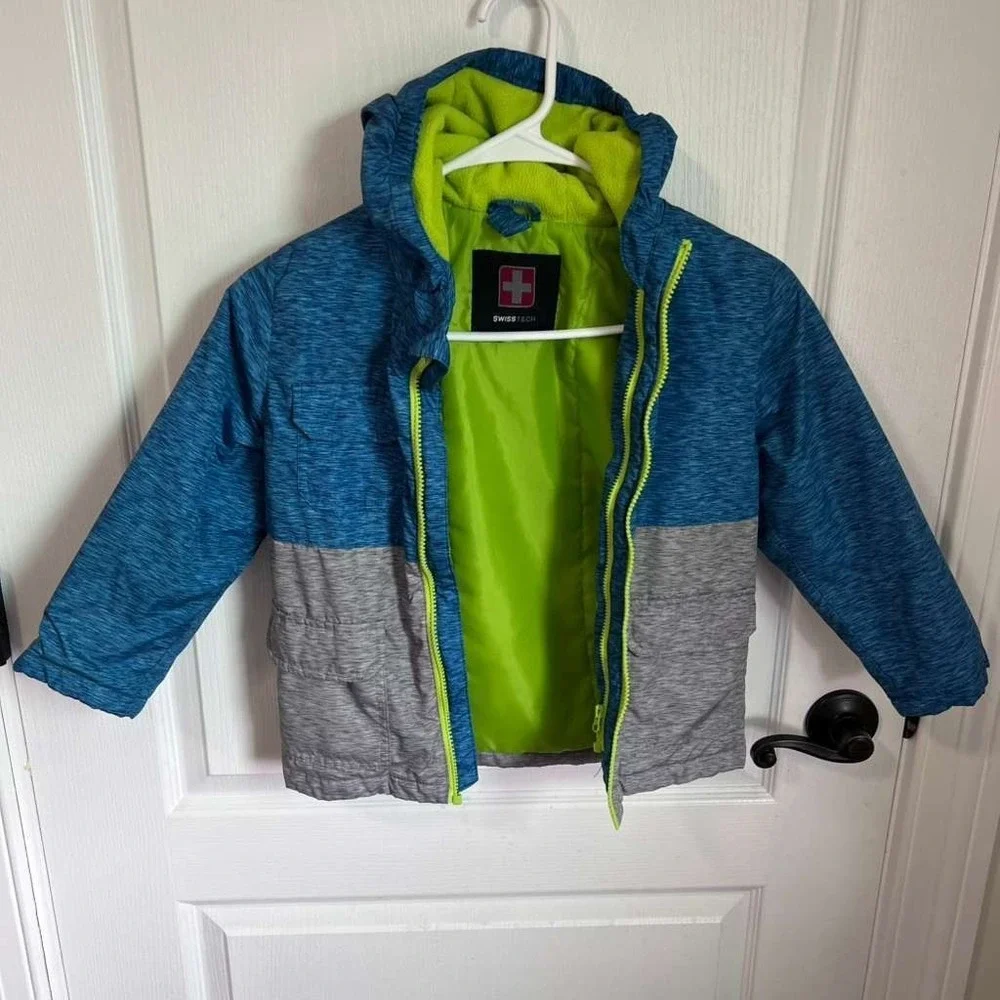 Swiss Tech Boys Blue Grey Colorblock Hooded Puffer Jacket Neon Green Lining 4T